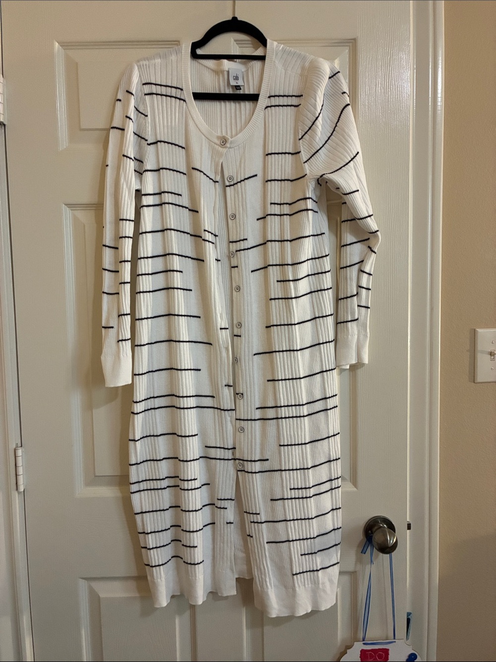 CAbi 5638 Cream Ribbed Button-Front Long Robe with Black Stripes